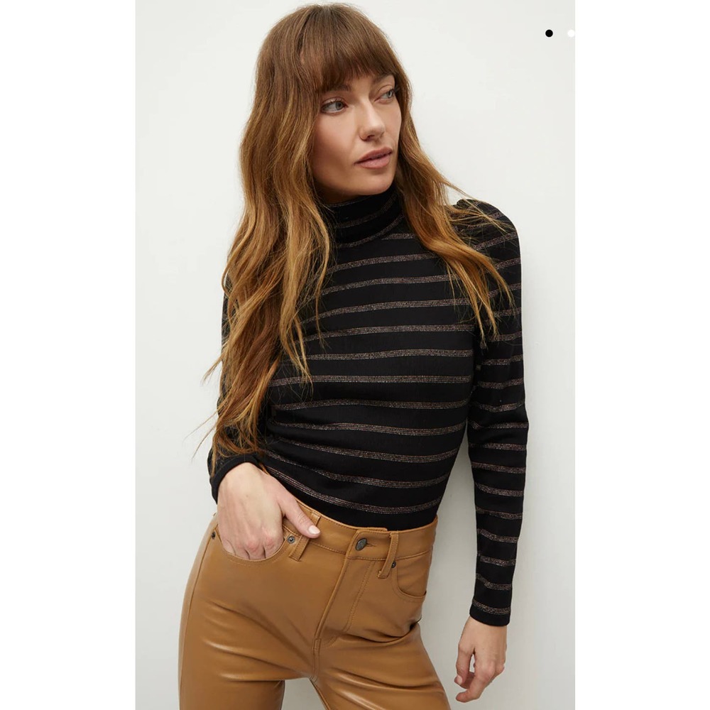 Veronica Beard Cedar Striped Puff Sleeve Turtleneck Black Metallic Large